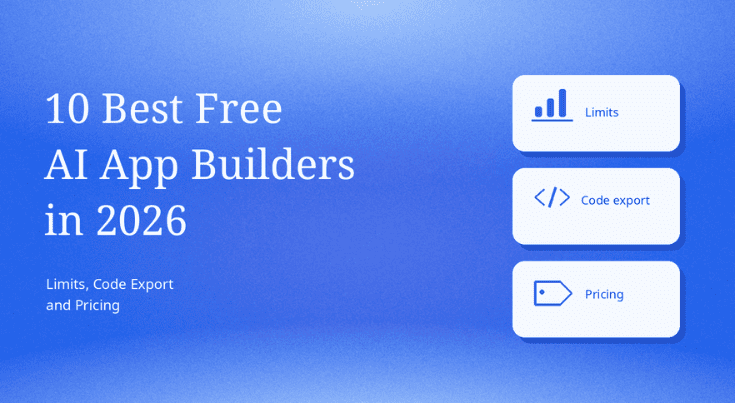 Ten AI app builder cards compared by usage, price and source-code export
